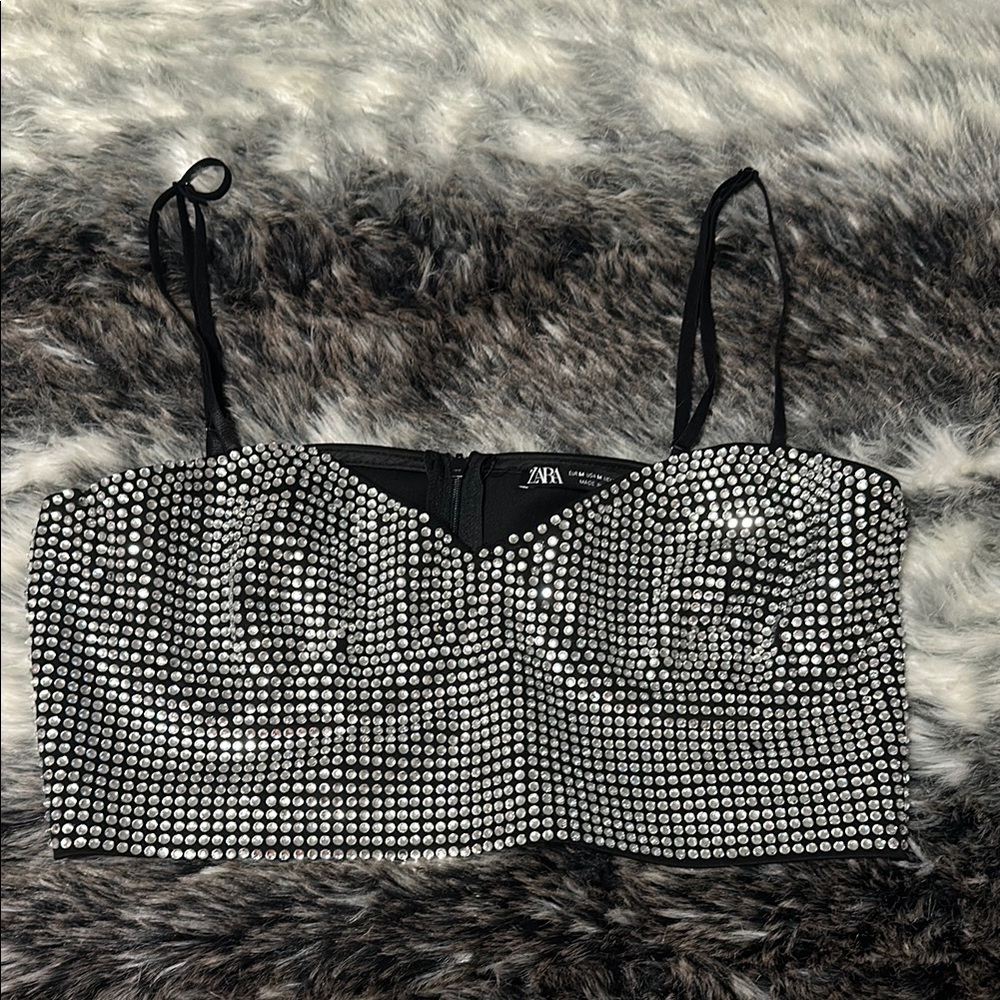 Zara Black and White Sequin Bustier Crop Top